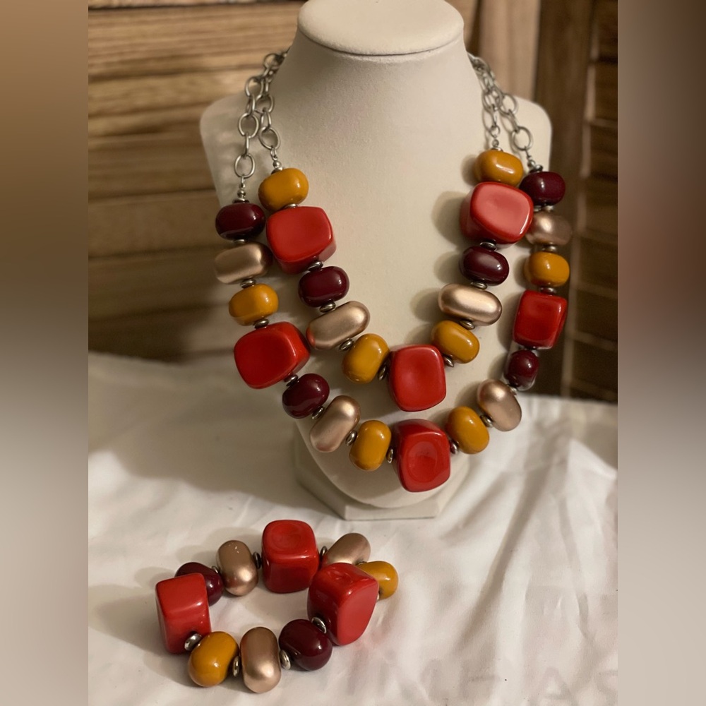 Ashley Stewart Bold Red and Gold Necklace Set